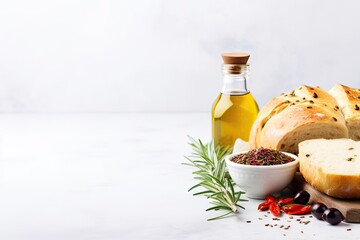 Wall Mural - Healthy food concept Organic olive oil rosemary spices bread white stone background copy space