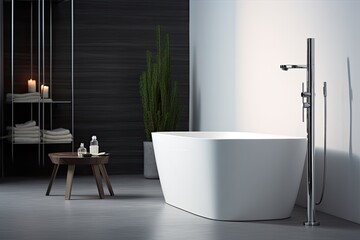 Wall Mural - A contemporary freestanding ceramic bathtub with a slender shower attachment.