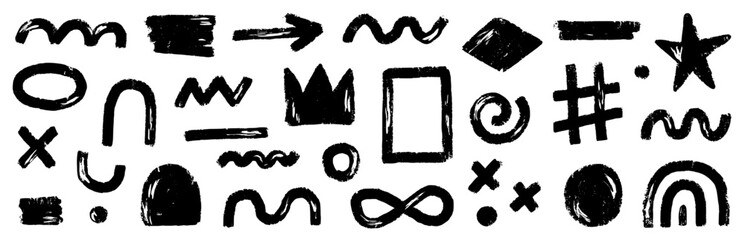 Aufkleber - Abstract doodle brush shape paint. Grunge graphic modern abstract collage element. Doodle geometric collage star, crown, heart shape. Hand drawn texture grunge spray brush effect. Vector illustration