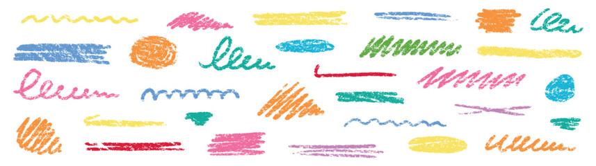 Aufkleber - Crayon brush underline color stroke. Chalk kid highlight scribble stroke. Vector hand drawn brush underline element set for accent, crayon texture emphasis element. Rough chalk vector illustration