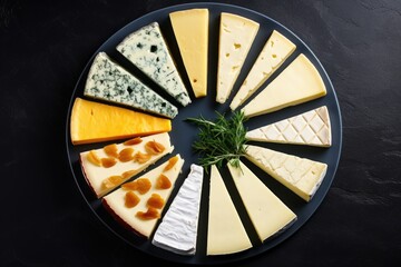 Wall Mural - Assorted cheese slices on plates including brie blue gorgonzola parmesan and maasdam on a black stone background