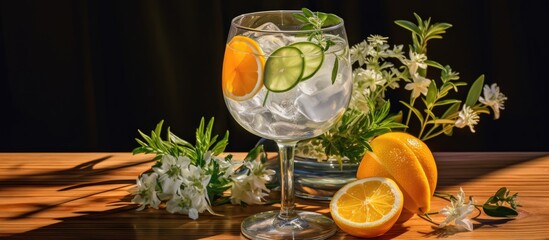 Poster - Gin and tonic cocktail garnished with citrus and herbs on a table