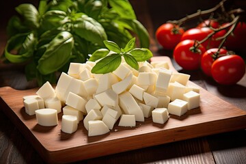 Wall Mural - Cubed mozzarella cheese on wooden cutting board
