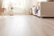 Install laminate flooring with a warm interior design featuring light wooden texture and a beige soft carpet