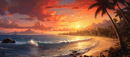 Wall Mural - Panoramic tropical beach landscape with calm, golden sunset.