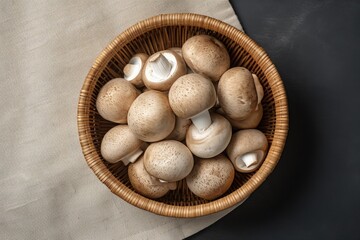 Wall Mural - Top view of raw mini mushroom champignon in a bamboo bowl gray background with text space