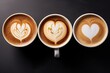 3 coffee styles for lovers heart shape love symbol on black cup lover sign on Latte Cappuccino Mocha cups isolated on white background