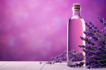 Poster - Lavender hydrolat in glass bottle with flowers on podium aromatherapy concept