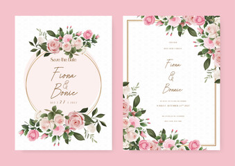 Fototapete - Pink rose floral wedding invitation card template set with flowers frame decoration. Wedding invitation floral watercolor card background