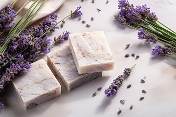 Poster - Mockup design of lavender topped handmade soap bars on a marble background