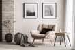 © LimeSky - Modern Scandinavian living room with design armchair black poster frame commode wooden stool book decoration loft wall and personal accessories in stylish home