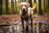 Fototapeta  - Muddy dog in fall surroundings with stick walking on forest path