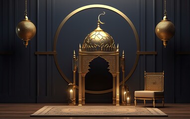 Wall Mural - a gold mosque with a crescent, lantern on dark black and gold backgrounds