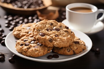 Poster - Oatmeal cookies with chocolate chips on a plate with coffee nearby