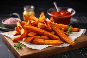 Wall Mural - Orange sweet potato fries with ketchup salt and pepper on a wooden board