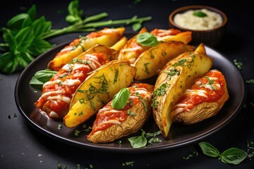 Wall Mural - Organic vegan potato wedges with cheese herbs and tomato sauce on black background homemade vegetarian snack