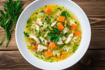 Wall Mural - Overhead view of chicken vegetable soup on white wood