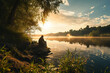 © ItziesDesign - Elderly Man Enjoys Leisure Fishing at Lakeside Sunset