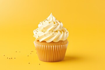 Wall Mural - Product presentation display template with a creative butter cupcake muffin on a yellow background