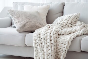 Sticker - Scandinavian cozy home with white macrame pillows and knit blanket on the sofa displaying detailed interior