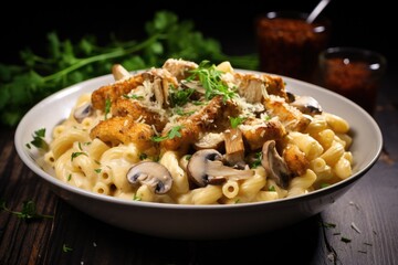 Canvas Print - Mac and cheese with chicken and mushrooms