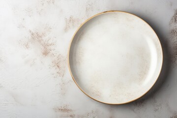 Wall Mural - Top view of an empty ceramic plate on a light concrete table background symbolizing the menu recipe concept