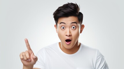 Wall Mural - A Wow and surprised face Asian man in white t-shirt with hand point on empty space on a white isolated transparent background.