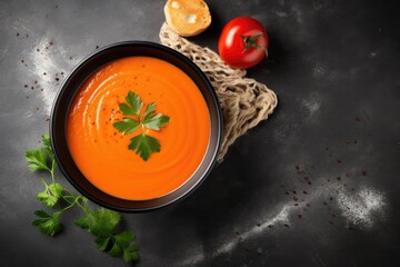 Wall Mural - Top view of tomato soup in a black bowl with a grey stone background and copy space