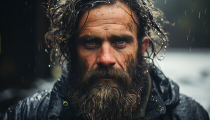 Poster - A bearded man in winter rain, looking confidently at camera generated by AI