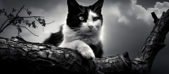 Poster - Black and white feline atop the tree.