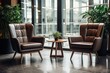 Two minimalist leather armchairs placed next to a coffee table in an elegant office or sleek apartment An open book agenda or planner sits on a meeting room ta