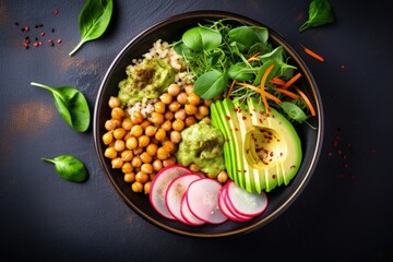 Wall Mural - Vegan Buddha bowl Avocado carrots spinach chickpeas radishes Top view flat lay copy space