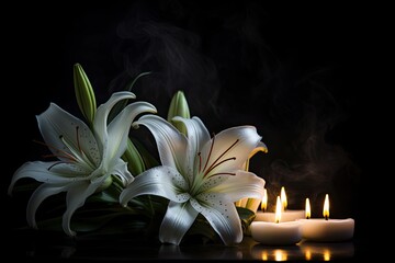 White lily and candles on dark table room for text Symbol of funeral