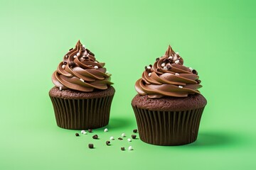 Wall Mural - Yummy cupcakes against a green backdrop