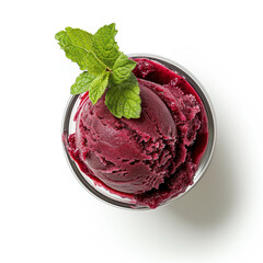 Wall Mural - A cup of açai berry sorbet with a mint sprig top view isolated on a white background 