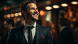 © Jemastock - Smiling businessman in suit enjoys successful city nightlife generated by AI