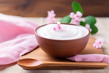 Poster - Health concept of yoghurt Plain yoghurt in wooden bowl on wooden background with pink cotton and spoon