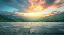Empty Square Floor And Green Mountain With Sky Clouds At Sunset. Panoramic View