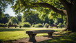 © Jemastock - A serene bench in a lush green meadow generated by AI