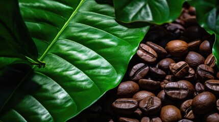 Wall Mural - Closeup, Coffee beans on green leaf with copy space