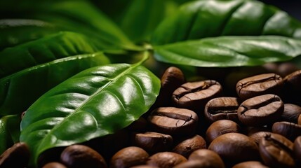 Wall Mural - Closeup, Coffee beans on green leaf with copy space