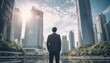 entrepreneurs stand in front of tall buildings and look forward to the future