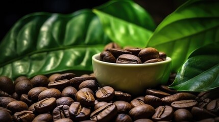 Wall Mural - Closeup, Coffee beans on green leaf with copy space