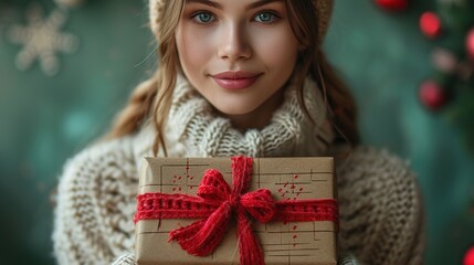 Photo portrait young woman keeping xmas gift. copy space, on a bright colorful christmas background