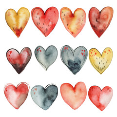 Wall Mural - A collection of watercolor hearts in various red and pink hues, perfect for Valentine's Day designs and decorations.