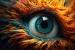 A close up of an eye with colorful feathers. Generative AI.