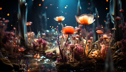 Underwater plant blooms in multi colored beauty, surrounded by aquatic life generated by AI