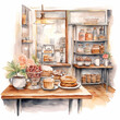 © Sawanee - Watercolor Illustration of a Vintage Bakery Counter with Desserts and Coffee