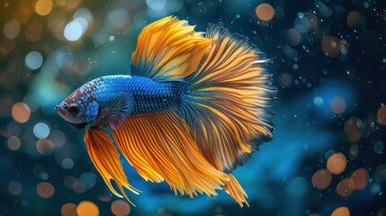 Wall Mural - A stunning blue orange Betta fish displays a vibrant and colorful tail against a natural background