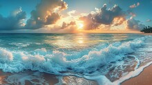 Tropical Beach Panorama View With Foam Waves Before Storm, Seascape With Palm Trees, Sea Or Ocean Water Under Sunset Sky With Dark Blue Clouds. Background Summer